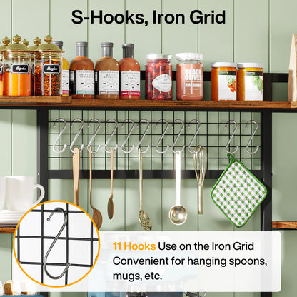 MonoWood Large Bakers Rack, 55" Wide Kitchen Hutch Cabinet Microwave Stand with 11 Hooks, 5-Tier Baker’s Rack Kitchen Shelf