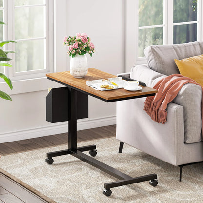 MonoWood Height Adjustable C Shaped End Table with Wheels and Side Pocket, Mobile Sofa Snack Table with Tiltable Drawing Board