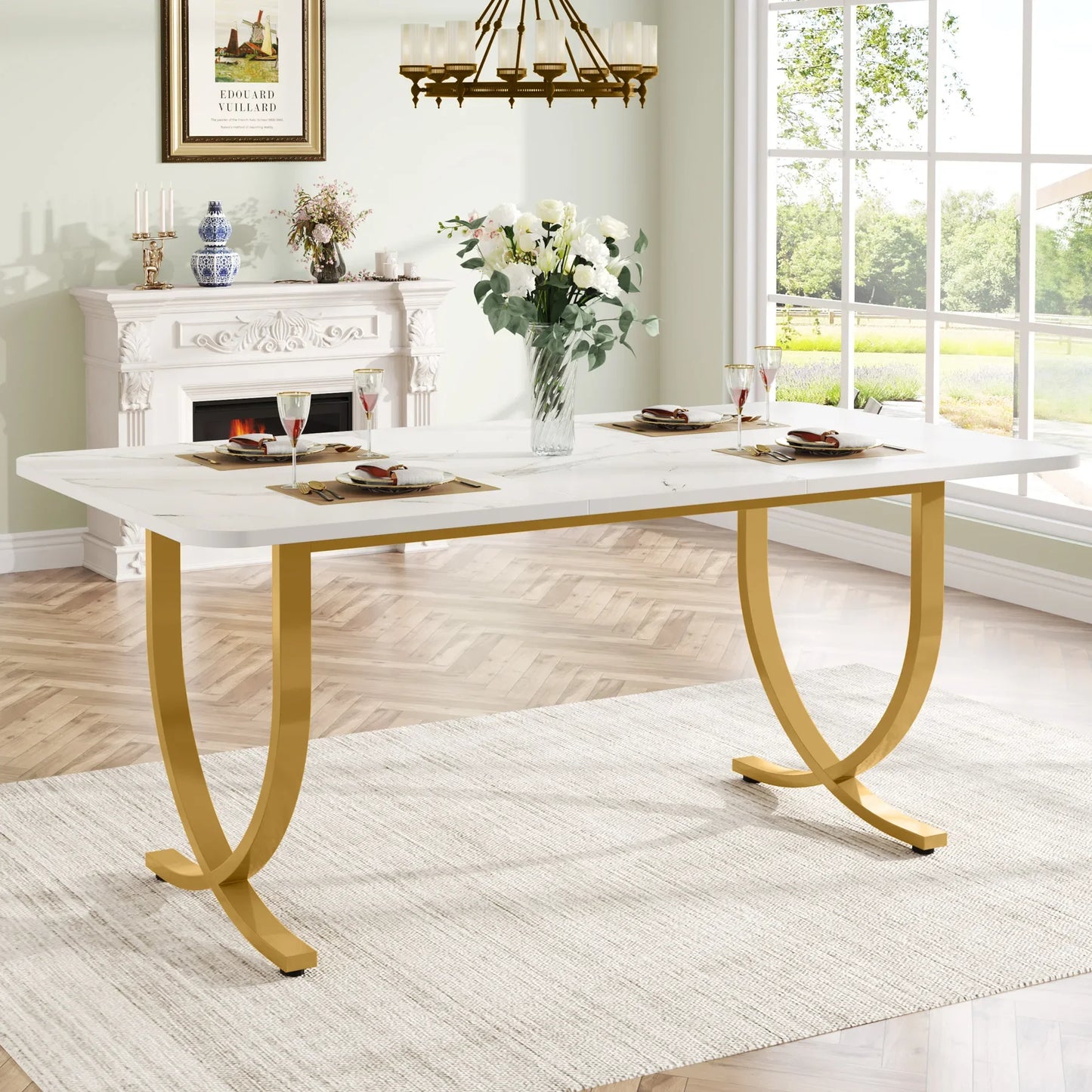 MonoWood 63" Modern Dining Table Kitchen Table with Faux Marble Top