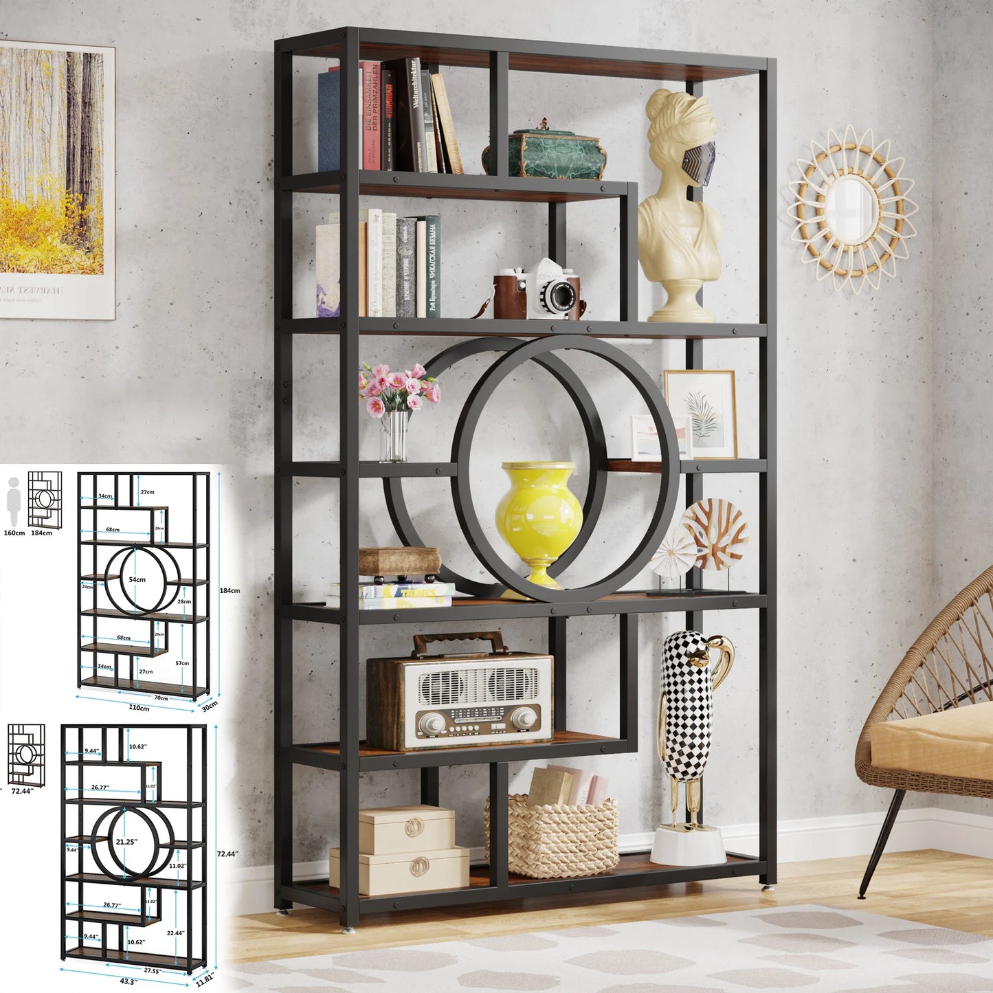 MonoWood Bookshelf Industrial 5 Tier Etagere Bookcase, Freestanding Tall Bookshelves Display Shelf Storage Organizer