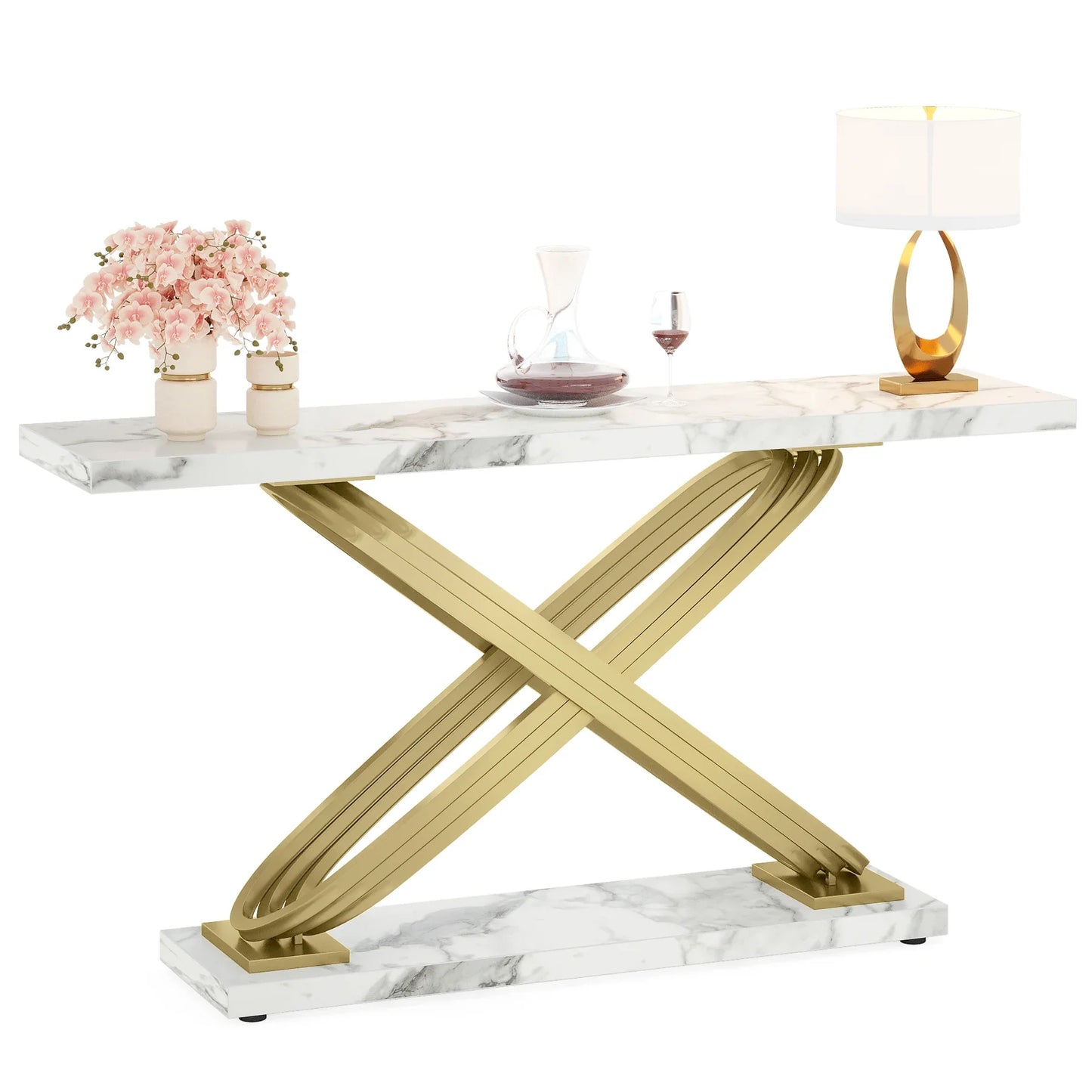MonoWood 55 Inch Modern Console Table, Faux Marble Gold Entryway Table Behind Sofa Couch, Narrow Rectangular Sofa Table