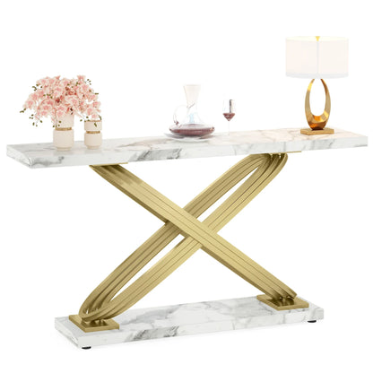 MonoWood 55 Inch Modern Console Table, Faux Marble Gold Entryway Table Behind Sofa Couch, Narrow Rectangular Sofa Table