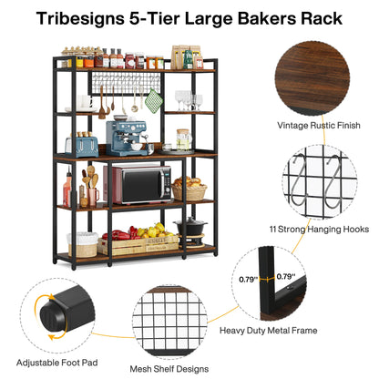 MonoWood Large Bakers Rack, 55" Wide Kitchen Hutch Cabinet Microwave Stand with 11 Hooks, 5-Tier Baker’s Rack Kitchen Shelf