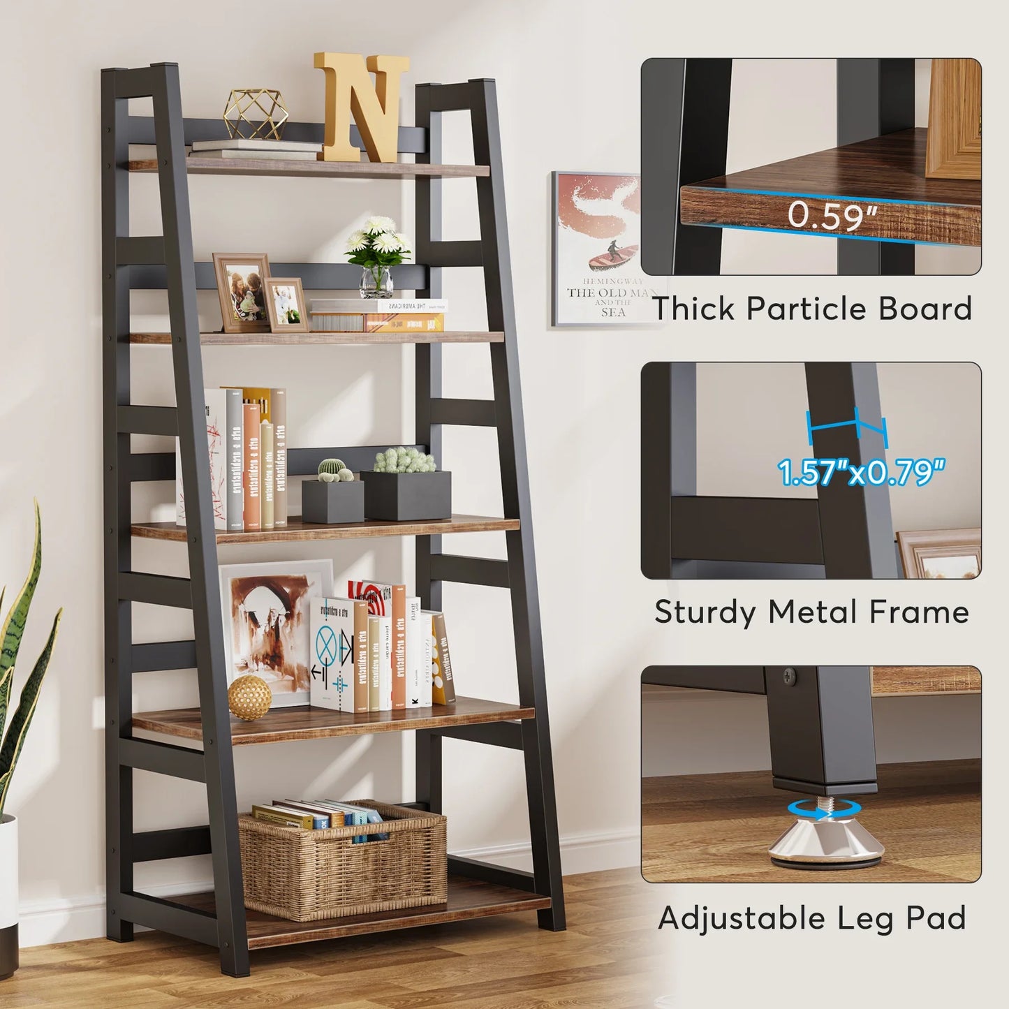 MonoWood 5-Tier Bookshelf Industrial Bookcase, 5 Shelf Ladder Shelf Book Storage Shelf Organizer for Living Room, Home Office