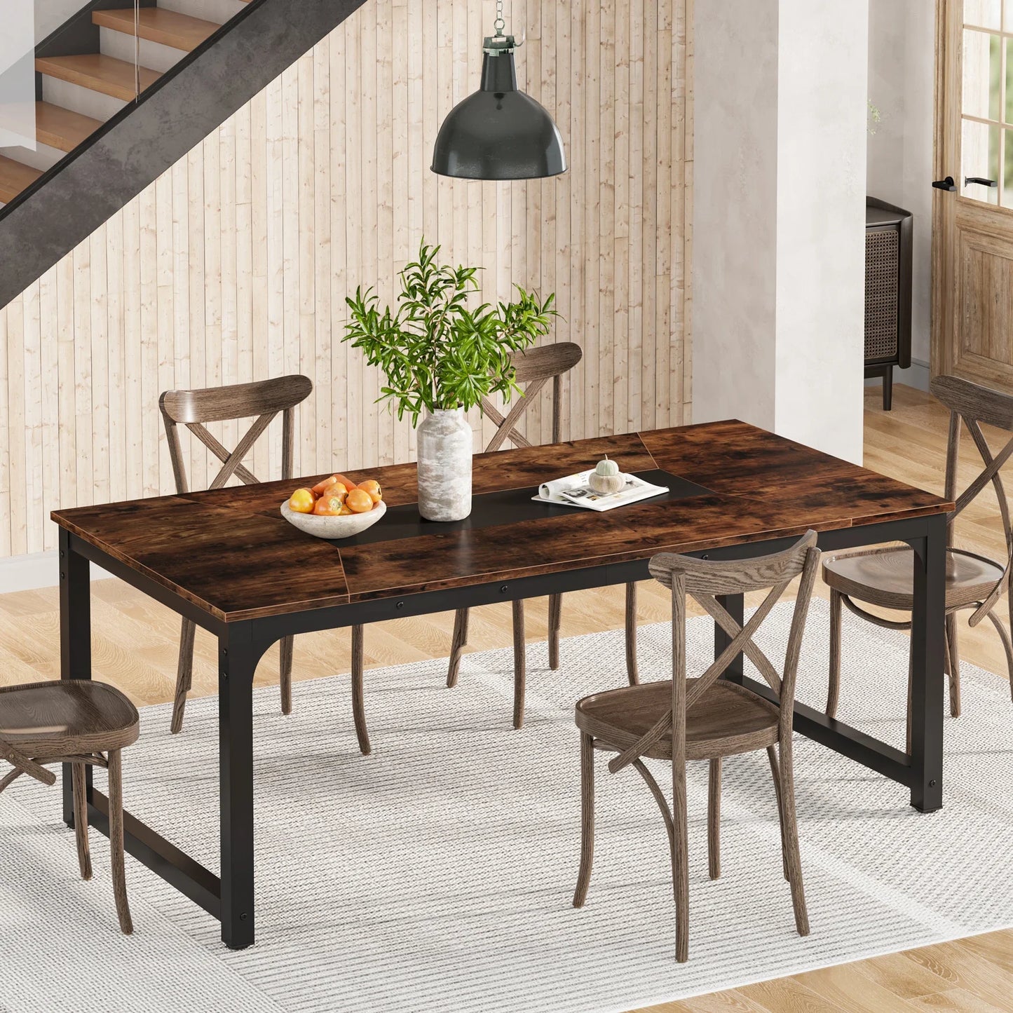 MonoWood Kitchen Modern Industrial Dining Table for 6-8 Person with Metal Frame