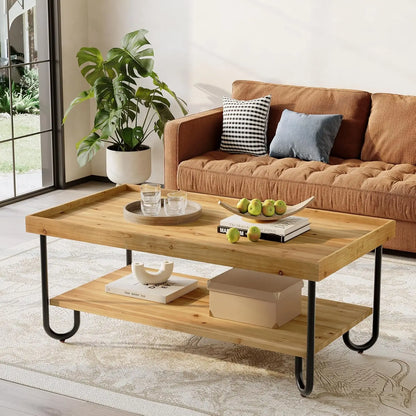 47.24-Inch Solid Wood Coffee Table, 2-Tier Rectangular Center Table with Curved Metal Legs, Industrial Coffee Desk for Living Ro