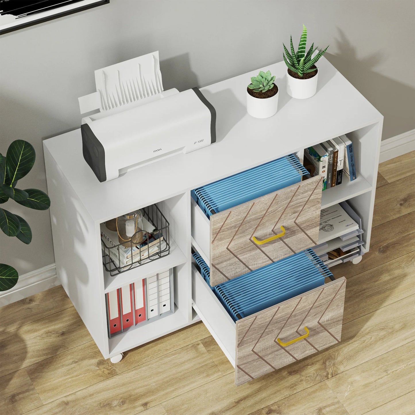 MonoWood 2 Drawer File Cabinet, Mobile Lateral Filing Cabinet for Letter Size, Printer Stand with Shelves and Rolling Wheels