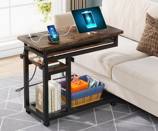 MonoWood Small Portable Desk with Power Outlet, Height Adjustable Sofa Couch Bedside Laptop Table with Wheels