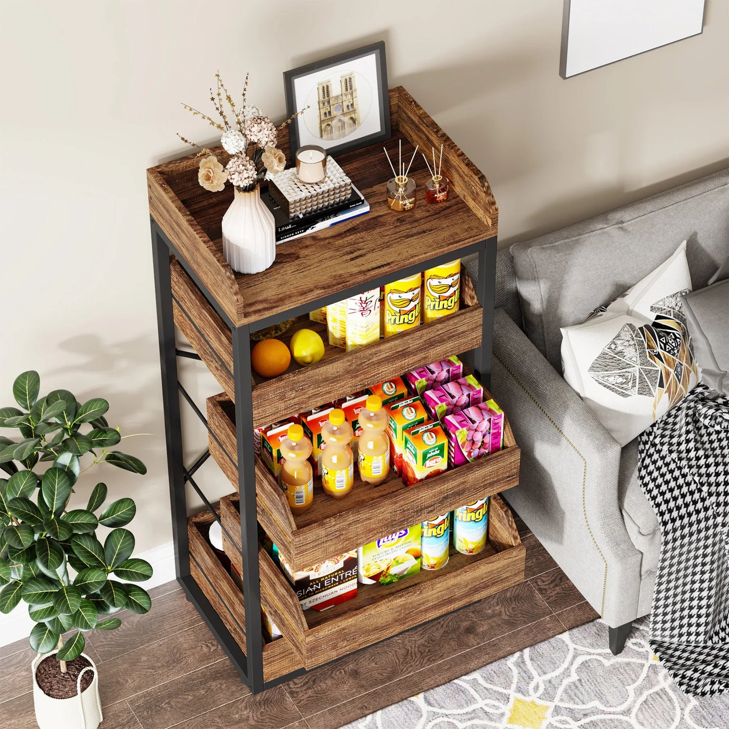MonoWood Wood Fruit and Vegetable Storage Rack, 5-Tier Pull-Out Snack Stand Fruit Basket Stand, Utility Shelf Organizer