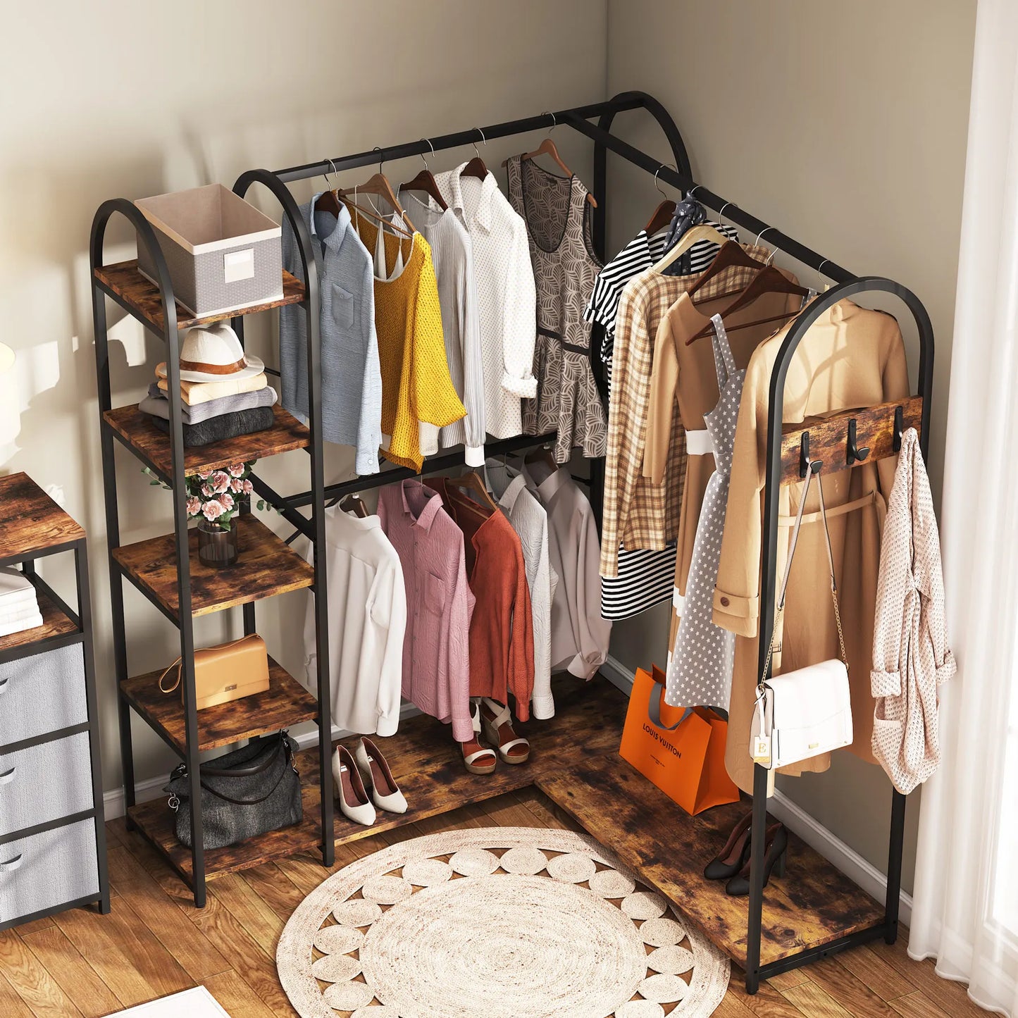 MonoWood L Shape Clothes Rack, Corner Garment Rack with Storage Shelves and Hanging Rods, Space-Saving Open Wardrobe Closet