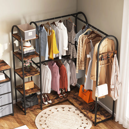 MonoWood L Shape Clothes Rack, Corner Garment Rack with Storage Shelves and Hanging Rods, Space-Saving Open Wardrobe Closet