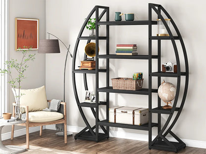 MonoWood Oval Bookshelf, Triple Wide 5 Tier Etagere Bookcase, Industrial Display Shelves for Living Room (Brown, 55")