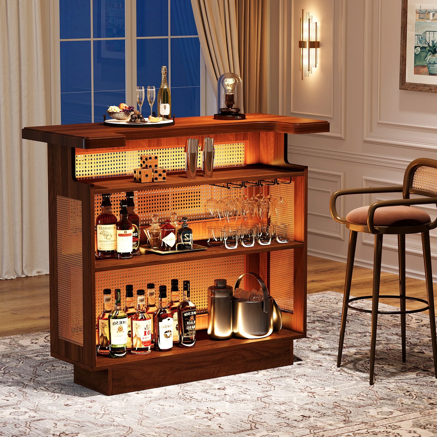 MonoWood Rattan Home Bar Unit, Farmhouse 4-Tier Bar Table with 4 Stemware Racks and Heightened Base, Liquor Wine Bar Cabinet