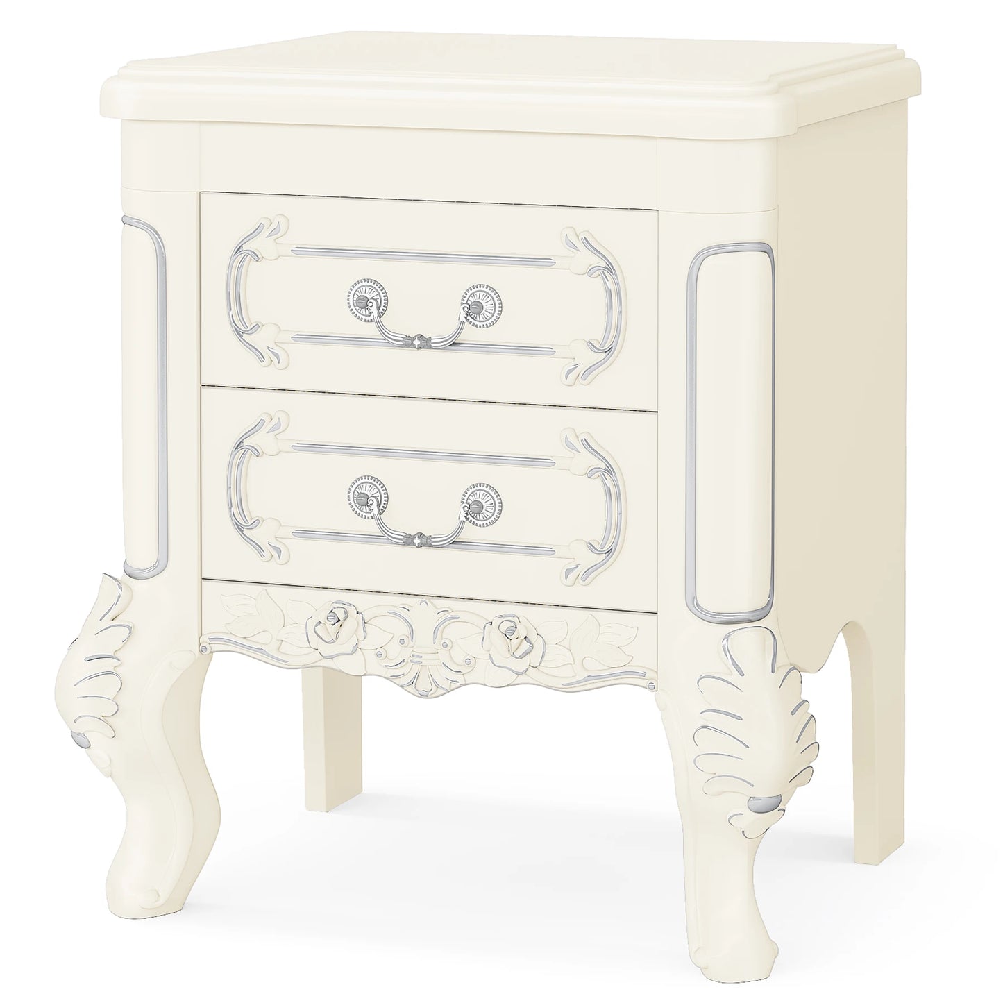 MonoWood White Nightstand, End Table with 2 Drawers, Carved Bedside Tables, Side Table for Bedroom, Living Room
