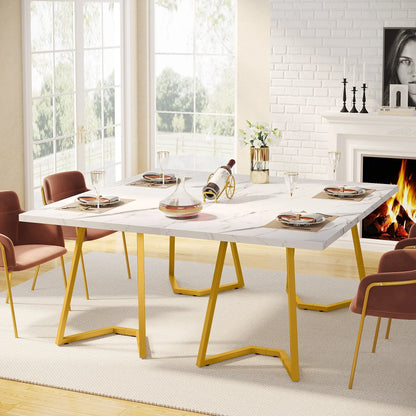 MonoWood Gold Dining Dinner Table: 55 Inches Modern White Dining Room Table with Golden Legs, Faux Marble Kitchen Table for 6