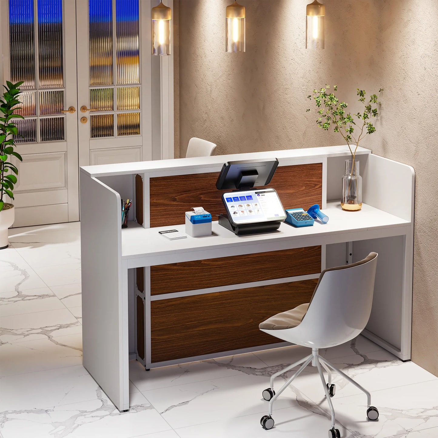 MonoWood Reception Desk with LED Lights, 63 Inches Front Counter Desk for Checkout, Lobby, Salon, Retail, Large Counter Table
