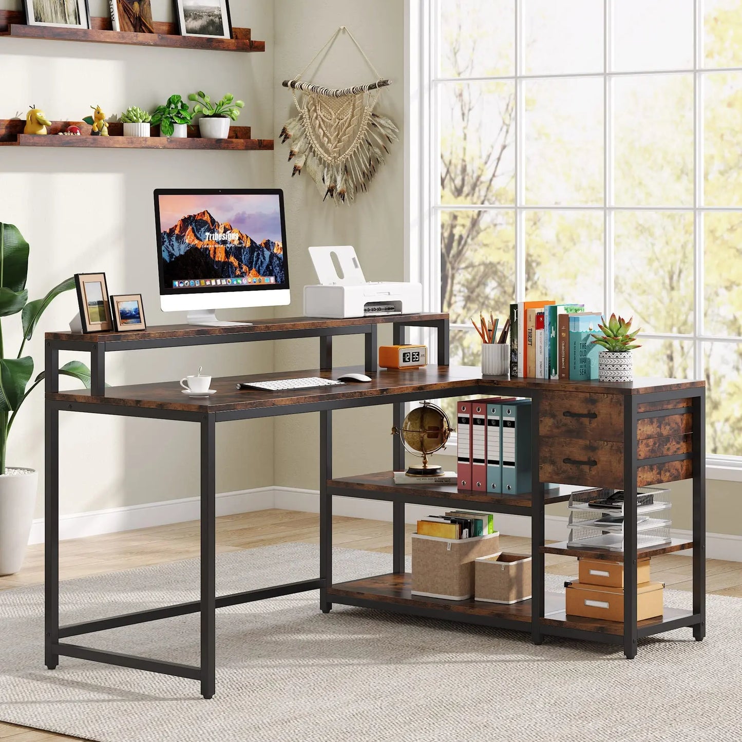 MonoWood Reversible L Shaped Desk with Drawer, Industrial Corner Desk Home Office Table with Shelves and Monitor Stand