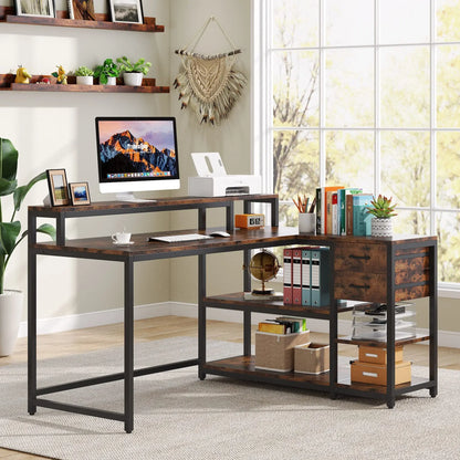 MonoWood Reversible L Shaped Desk with Drawer, Industrial Corner Desk Home Office Table with Shelves and Monitor Stand