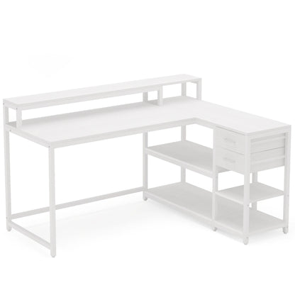 MonoWood Reversible L Shaped Desk with Drawer, Industrial Corner Desk Home Office Table with Shelves and Monitor Stand
