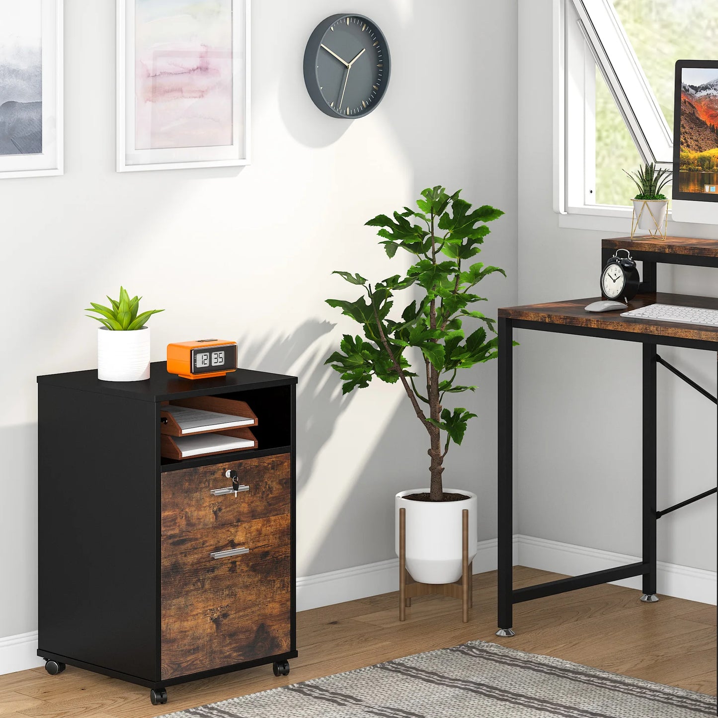 MonoWood 2 Drawer Mobile File Cabinet with Lock, Wood Filing Cabinet, Printer Stand with Wheels and Storage Shelf