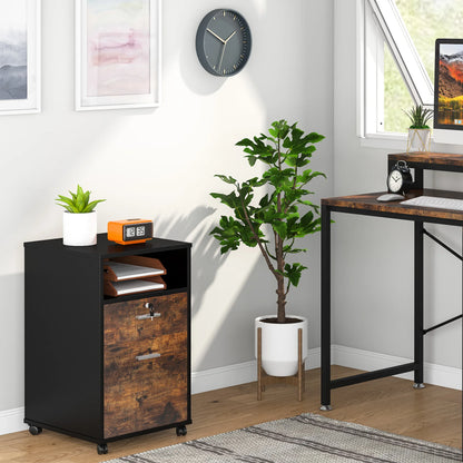 MonoWood 2 Drawer Mobile File Cabinet with Lock, Wood Filing Cabinet, Printer Stand with Wheels and Storage Shelf