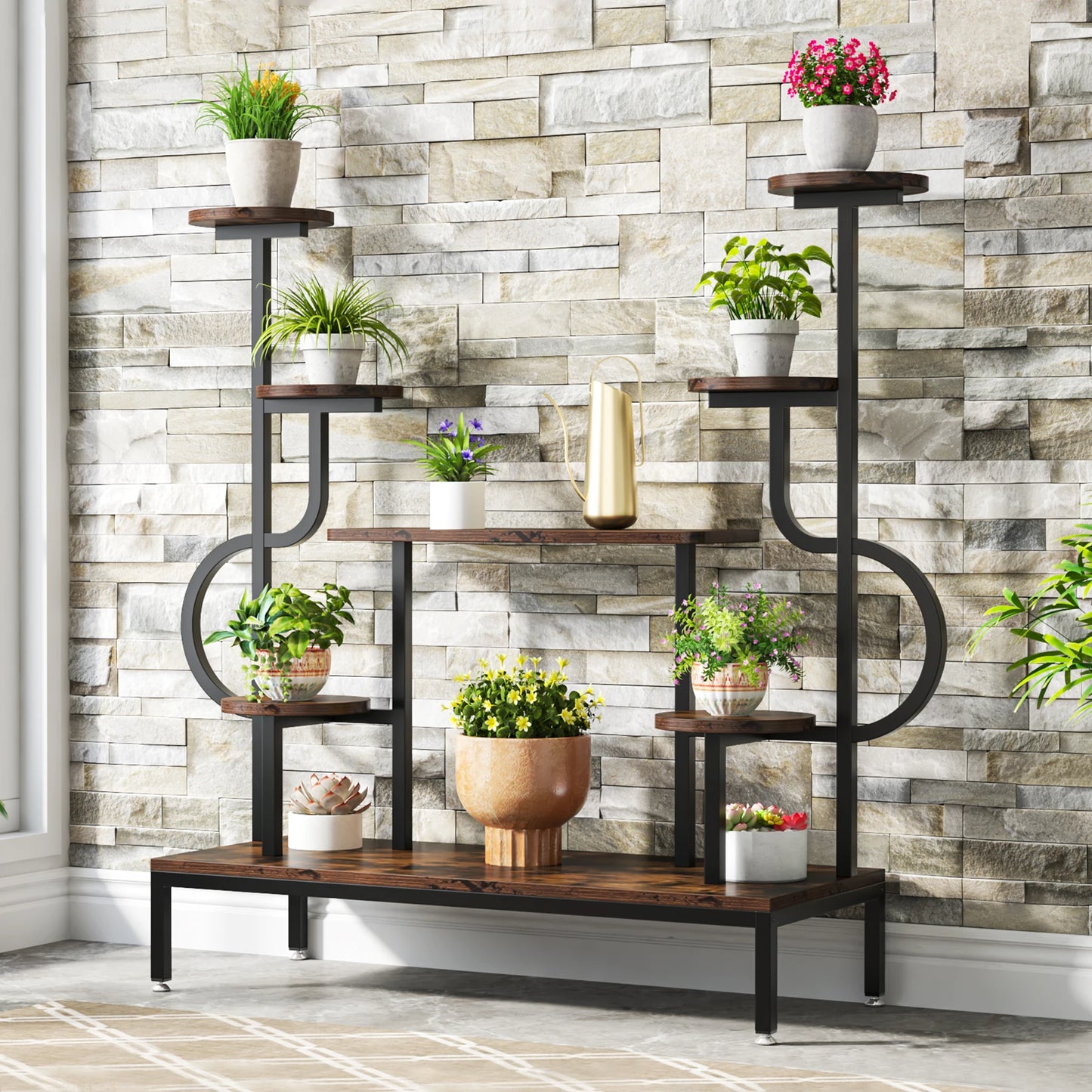 MonoWood 8-Tier Metal Plant Stand, Large Tall Plant Shelf for Multiple Plants, Round & Square Boards, Ladder Flower Rack