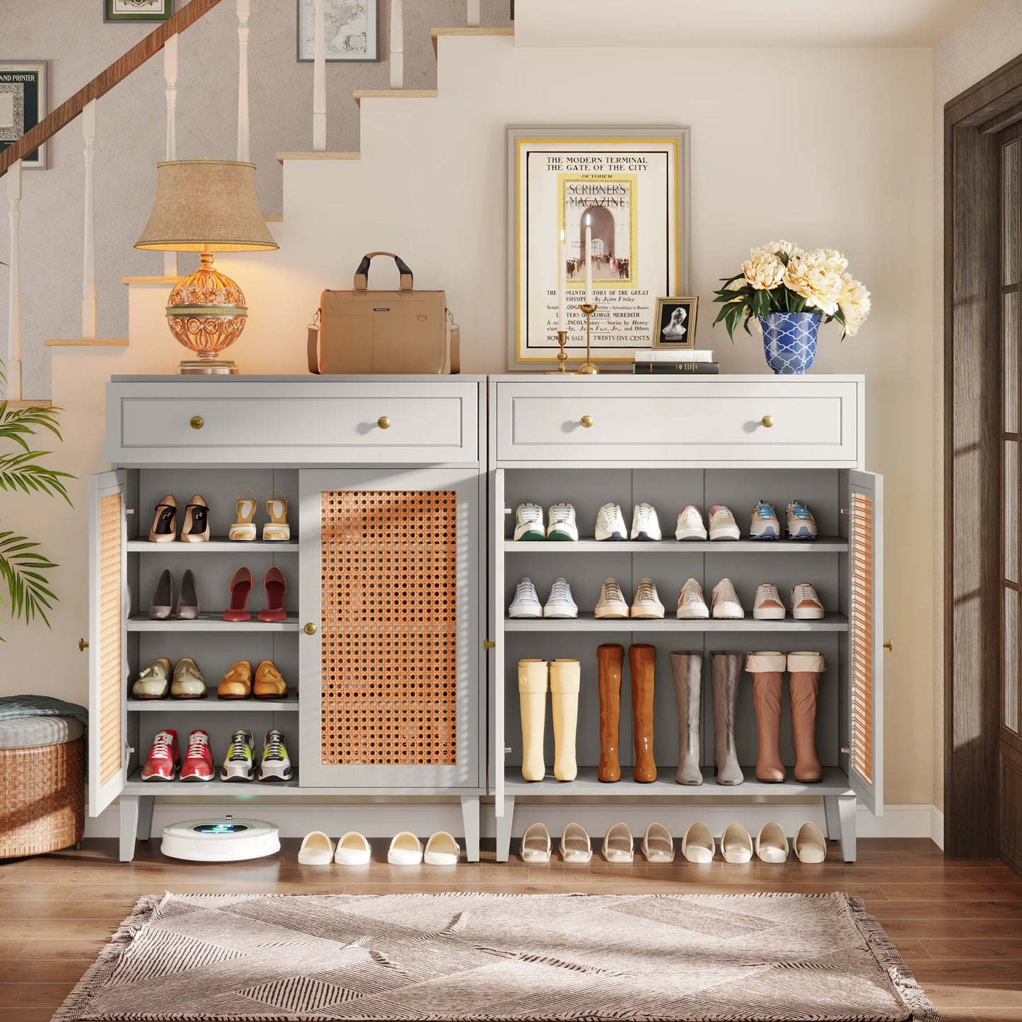 MonoWood Shoe Cabinet with Doors and Drawer, Modern Shoe Storage Cabinet for Entryway, Mint Green Rattan Shoes Cabinet