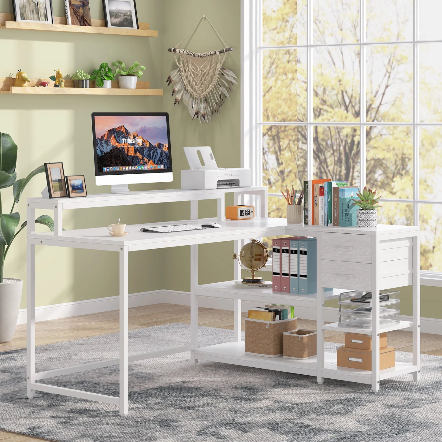 MonoWood Reversible L Shaped Desk with Drawer, Industrial Corner Desk Home Office Table with Shelves and Monitor Stand