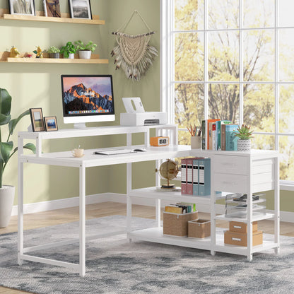 MonoWood Reversible L Shaped Desk with Drawer, Industrial Corner Desk Home Office Table with Shelves and Monitor Stand