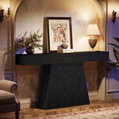 MonoWood 63" Black Console Table, Farmhouse Entryway Table with Trapezoidal Base, Narrow Long Wood Sofa Table