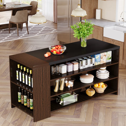 MonoWood 55" Kitchen Island with Storage, Farmhouse 5-Tier Stationary Island Table with 5 Shelves, Wood Coffee Bar Table