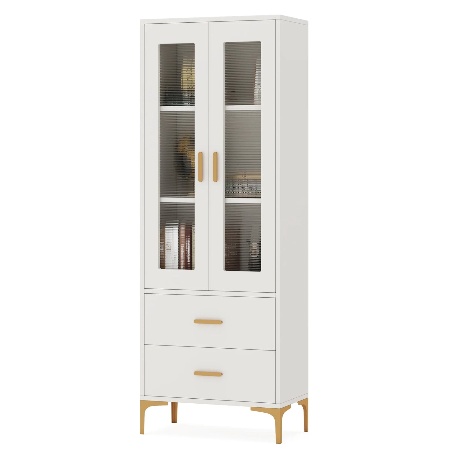 MonoWood Bookcase with LED Light and Doors Bookshelf with Storage Drawers