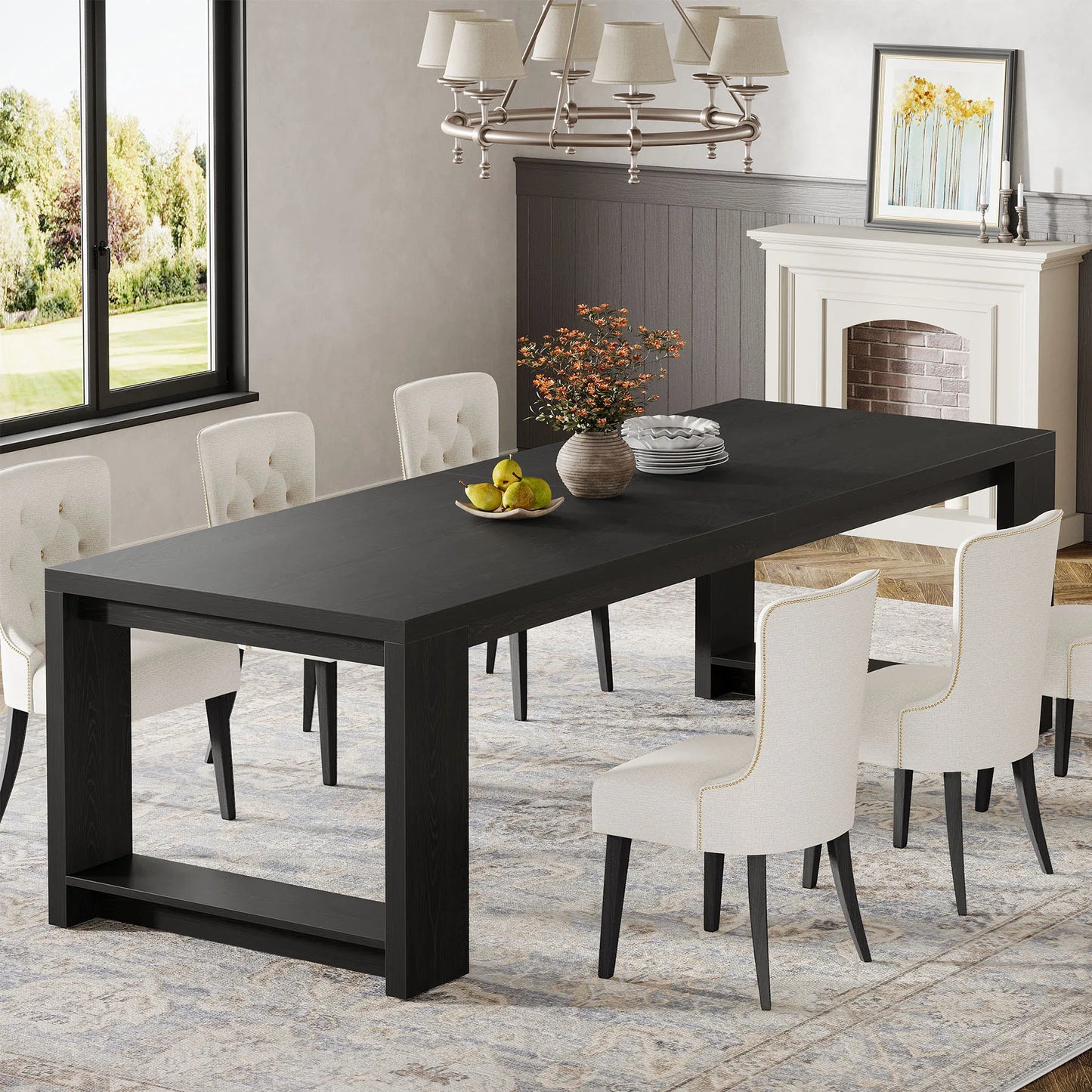 MonoWood 86.61-Inch Dining Table for 6-8 People, Modern Narrow Long Kitchen Table with Pedestal Base