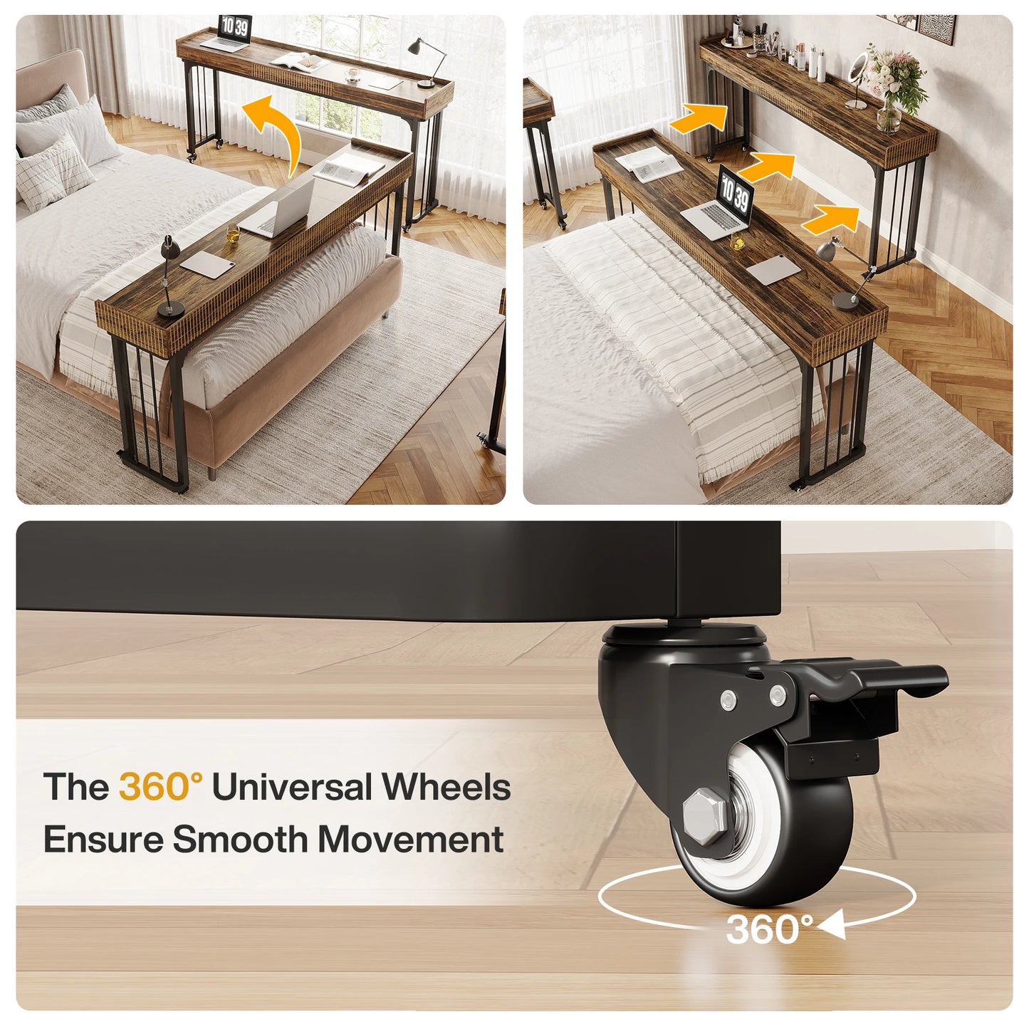 MonoWood 78.8-Inch Large Over Bed Table with Wheels, Mobile Computer Desk Makeup Vanity Desk with Storage