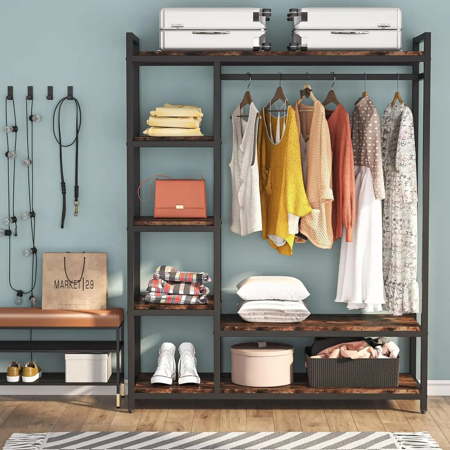 MonoWood  Free-standing Closet Organizer with 6 Storage Shelves and Hanging Bar, Large Standing Clothes Garment Rack