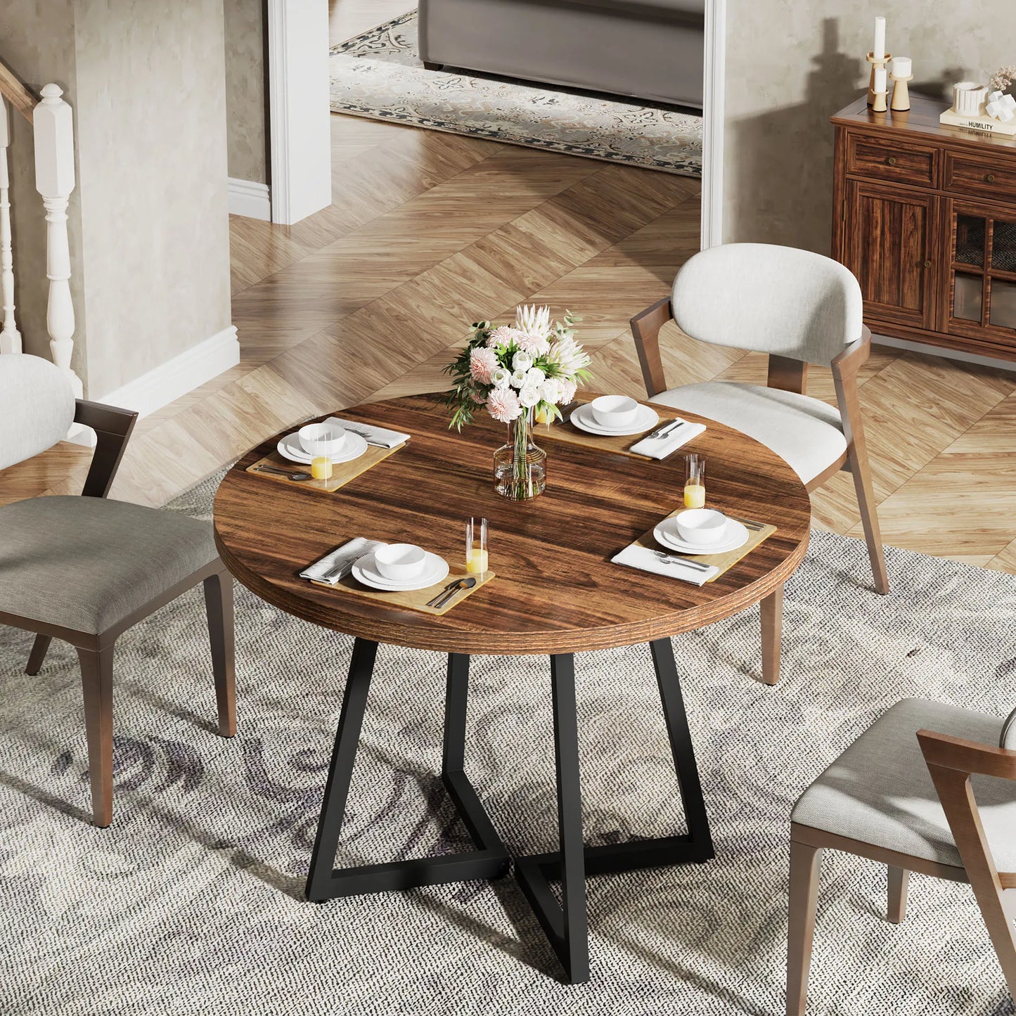MonoWood Round Dining Table for 2, 31.5" Industrial Kitchen Table with Metal Base, Small Table for Dining Room, Small Space