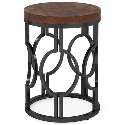 MonoWood Round End Table, Industrial SideTable with Metal Hollow Frame, Small Bedside Table Nightstand for Living Room
