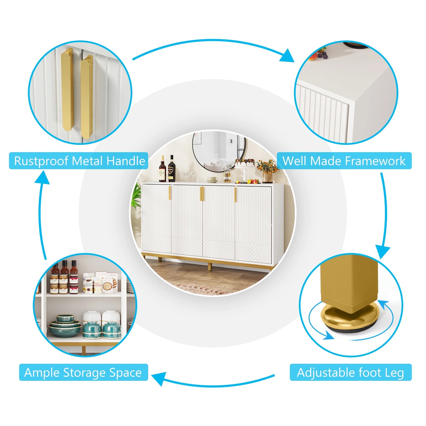 MonoWood Modern Storage Cabinet, 59 Inch Console Cabinet Sideboard Buffet Cabinet with 4 Doors & Gold Metal Base