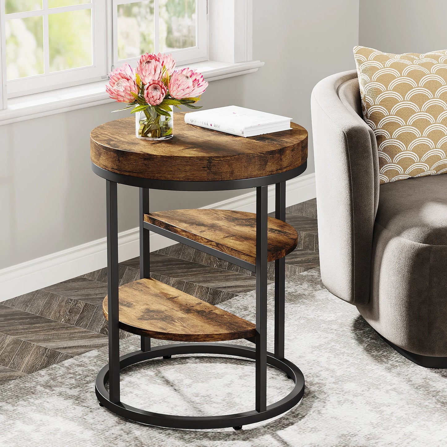MonoWood Round End Table, Small End Table with 3 Storage Shelves, Wood Side Table for Small Spaces, Industrial Sofa Table