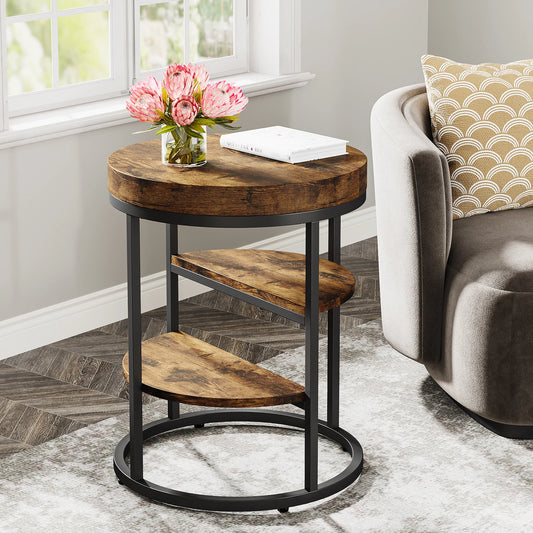 MonoWood Round End Table, Small End Table with 3 Storage Shelves, Wood Side Table for Small Spaces, Industrial Sofa Table