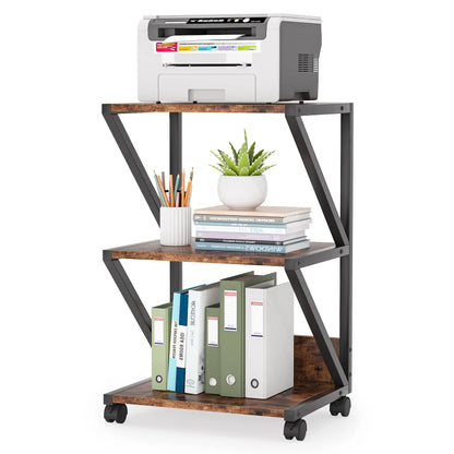 MonoWood Printer Stand, 3-Tier Rolling Printer Cart Under Desk Storage, Industrial Machine Cart Storage Shelf on Wheels