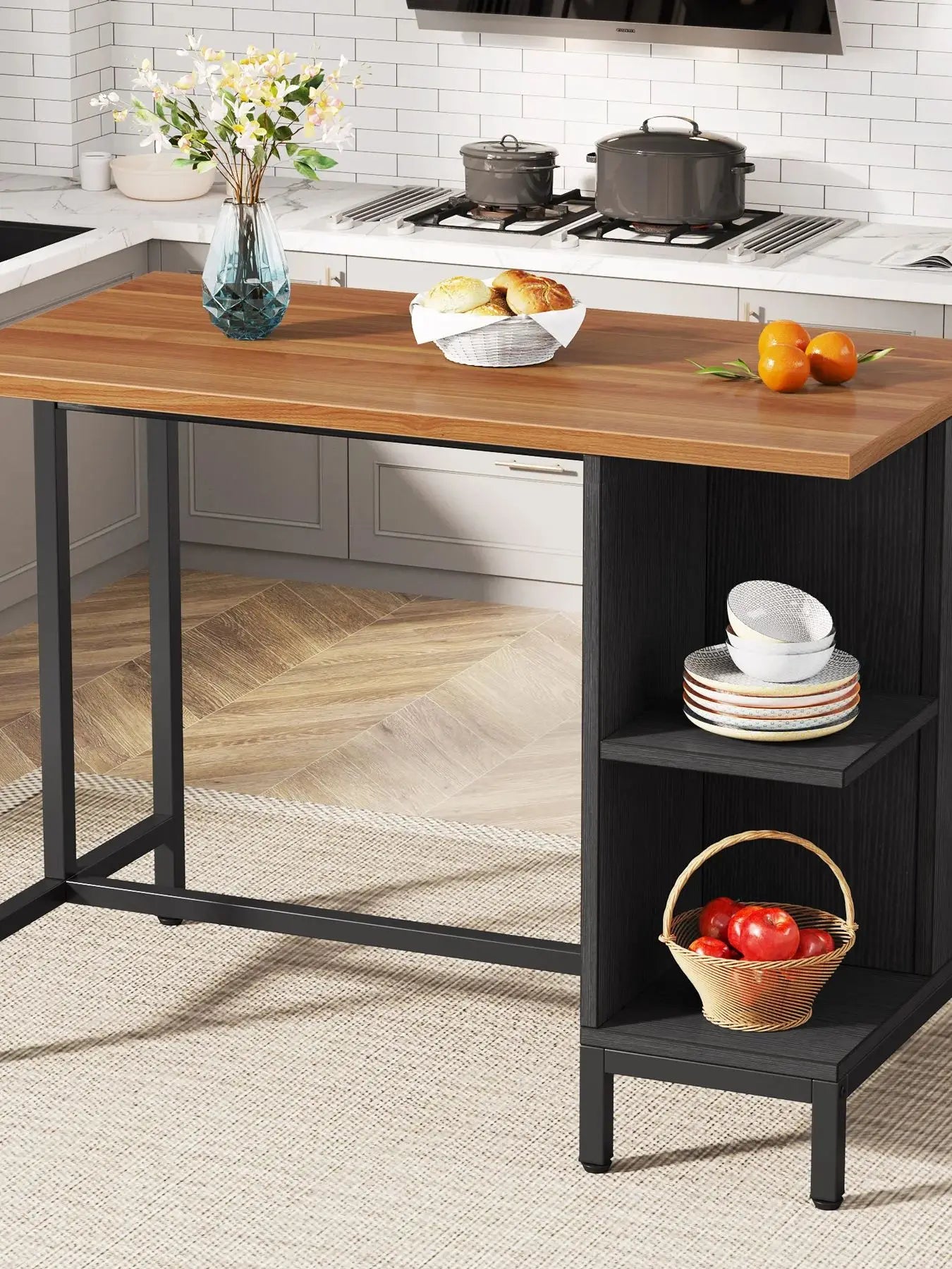 MonoWood Kitchen Island with Shelves, 43 Inch Kitchen Shelf Kitchen Prep Table with 5 Open Storage Shelves and Large Worktop