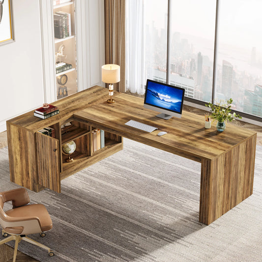 MonoWood 72.8" Large Executive Desk with 47.24" Cabinet, Office Desk with Storage Shelves, Farmhouse Wooden L-Shaped Desk