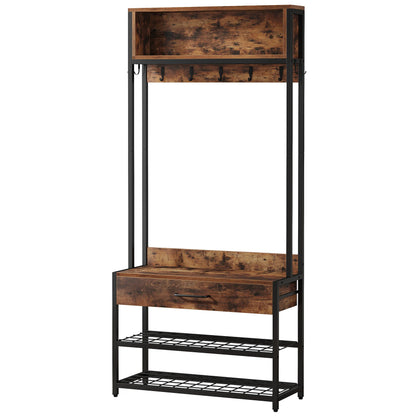 MonoWood 3-in-1 Entryway Hall Tree with Drawer, Vintage Industrial Coat Rack with Shoe Bench and Hutch
