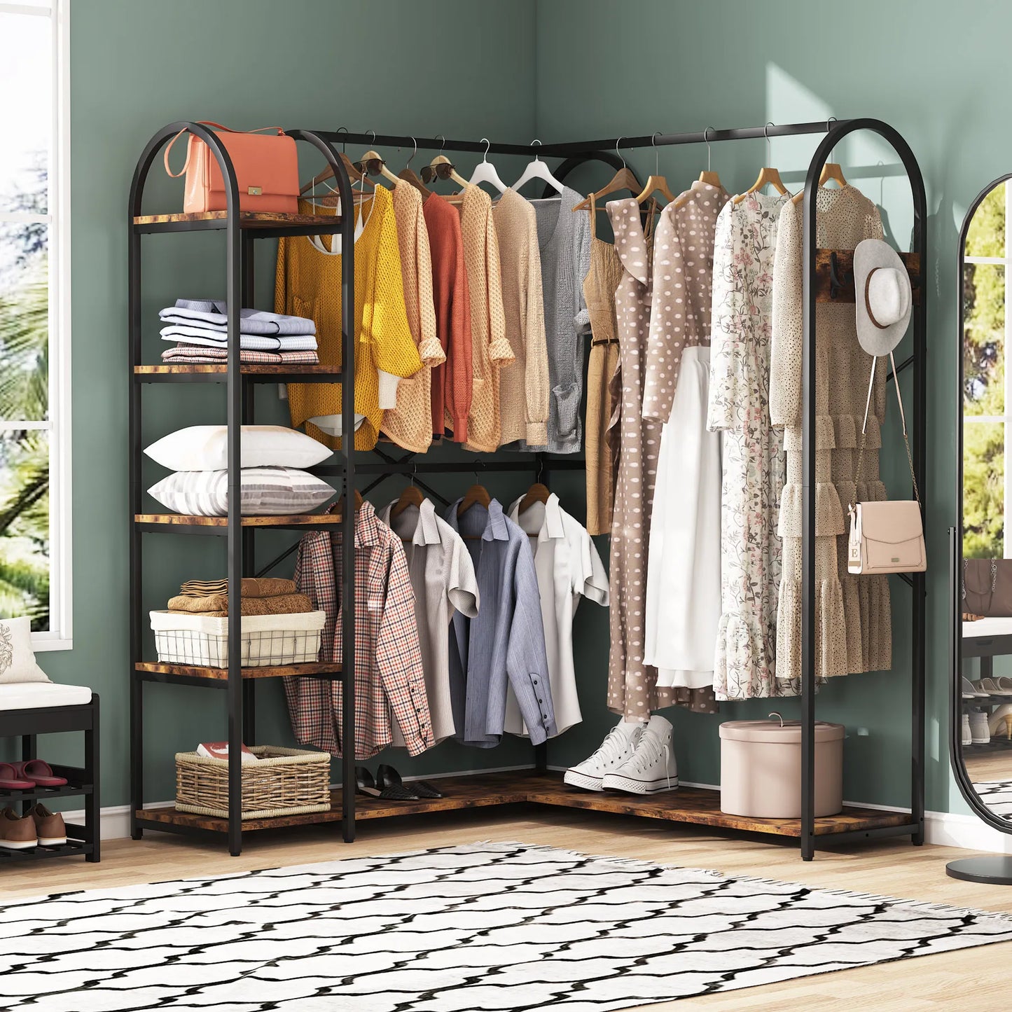 MonoWood L Shape Clothes Rack, Corner Garment Rack with Storage Shelves and Hanging Rods, Space-Saving Open Wardrobe Closet