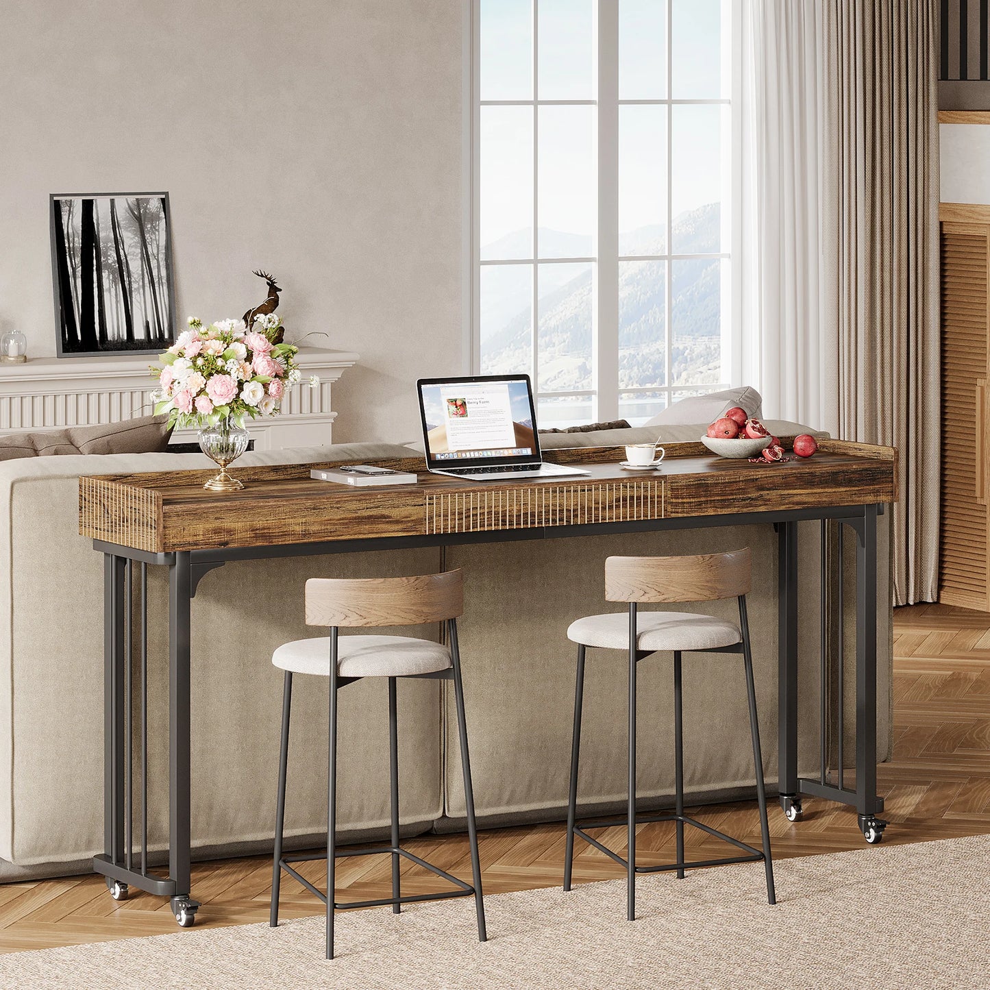 MonoWood 78.8-Inch Large Over Bed Table with Wheels, Mobile Computer Desk Makeup Vanity Desk with Storage