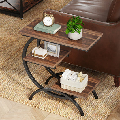 MonoWood C-Shaped End Table, Industrial 3-Tier Small Table for Couch, Wood Bedside Table Snack Table with Storage Shelves