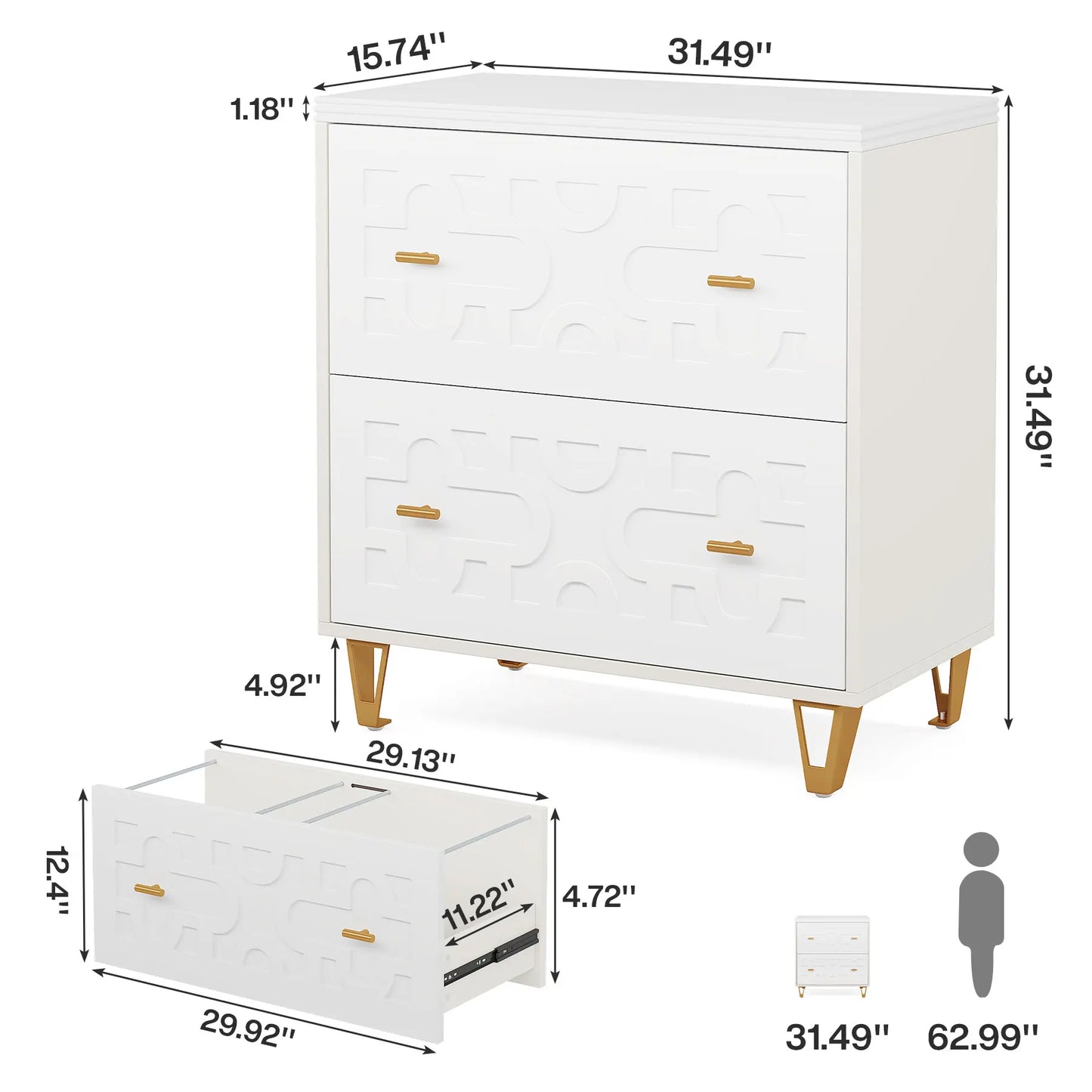 MonoWood 2-Drawer Lateral File Cabinet, Modern White Filing Cabinet for Legal/Letter/A4 Size, Large Storage Filing Cabinet