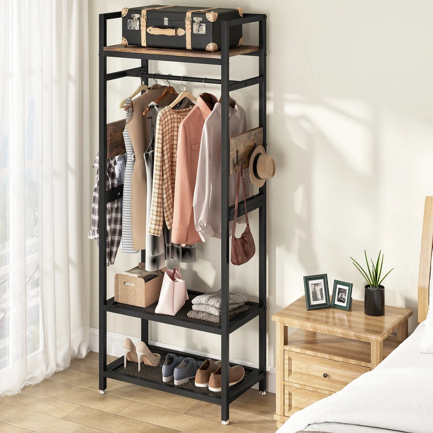 MonoWood Small Heavy Duty Clothes Rack with Shelf and Hanging Rod, Freestanding Closet Organizer, Max Load 300LBS