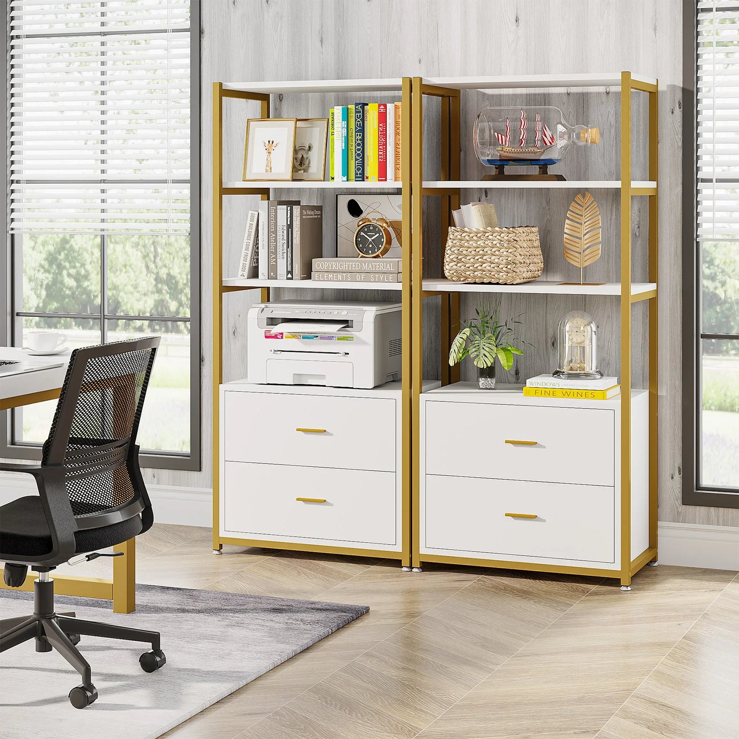 MonoWood Bookcase, 4-Tier Bookshelf with 2 Drawers, Etagere Standard Book Shelves Display Shelf for Home Office (Gold/White)